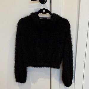 Black Fuzzy Crop Sweater Hoodie - Women